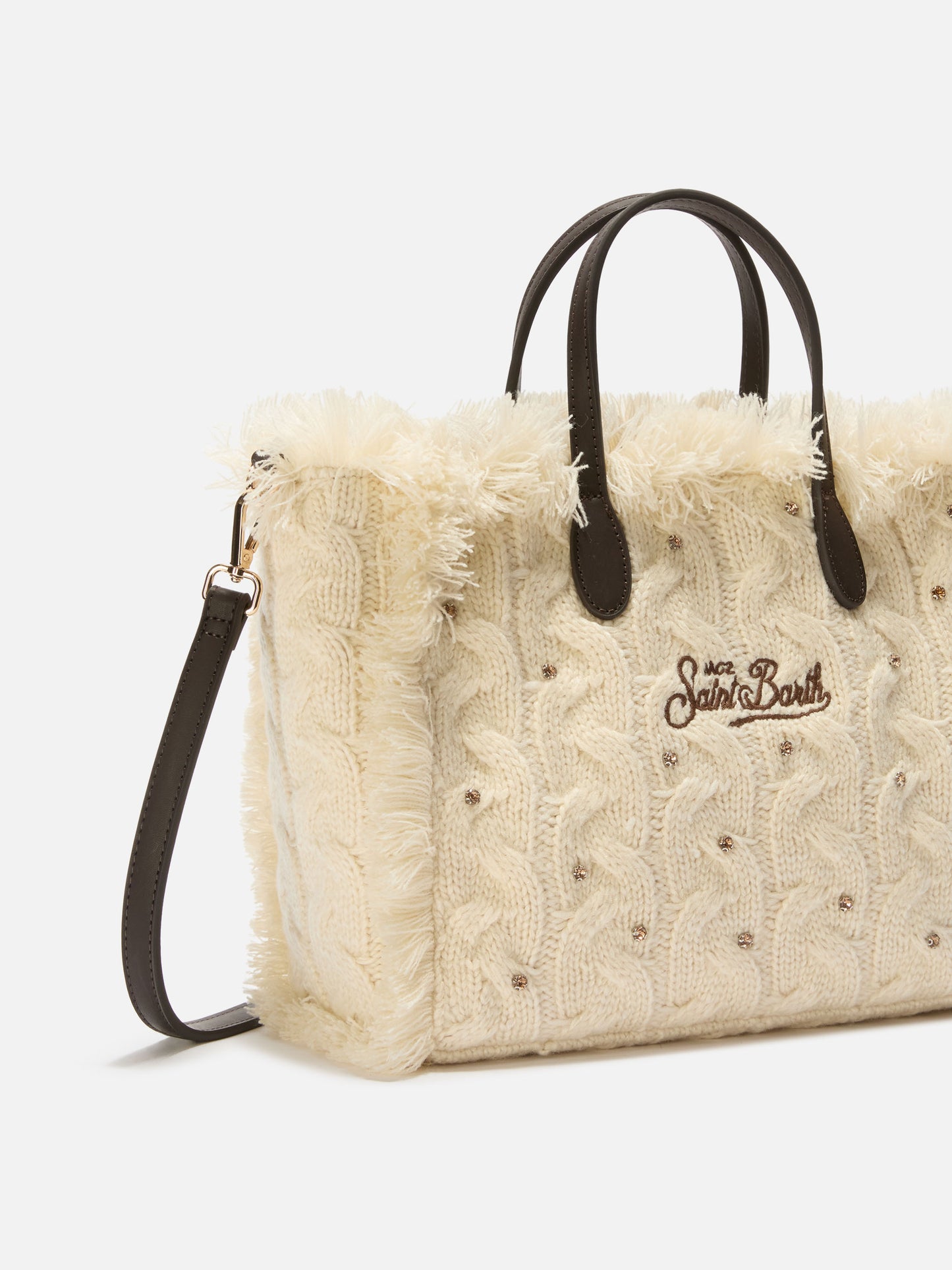 Colette Wollflechthandtasche aus weißem, geflochtenem Wollmischgewebe mit Strasssteinen