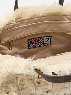 Colette Wollflechthandtasche aus weißem, geflochtenem Wollmischgewebe mit Strasssteinen