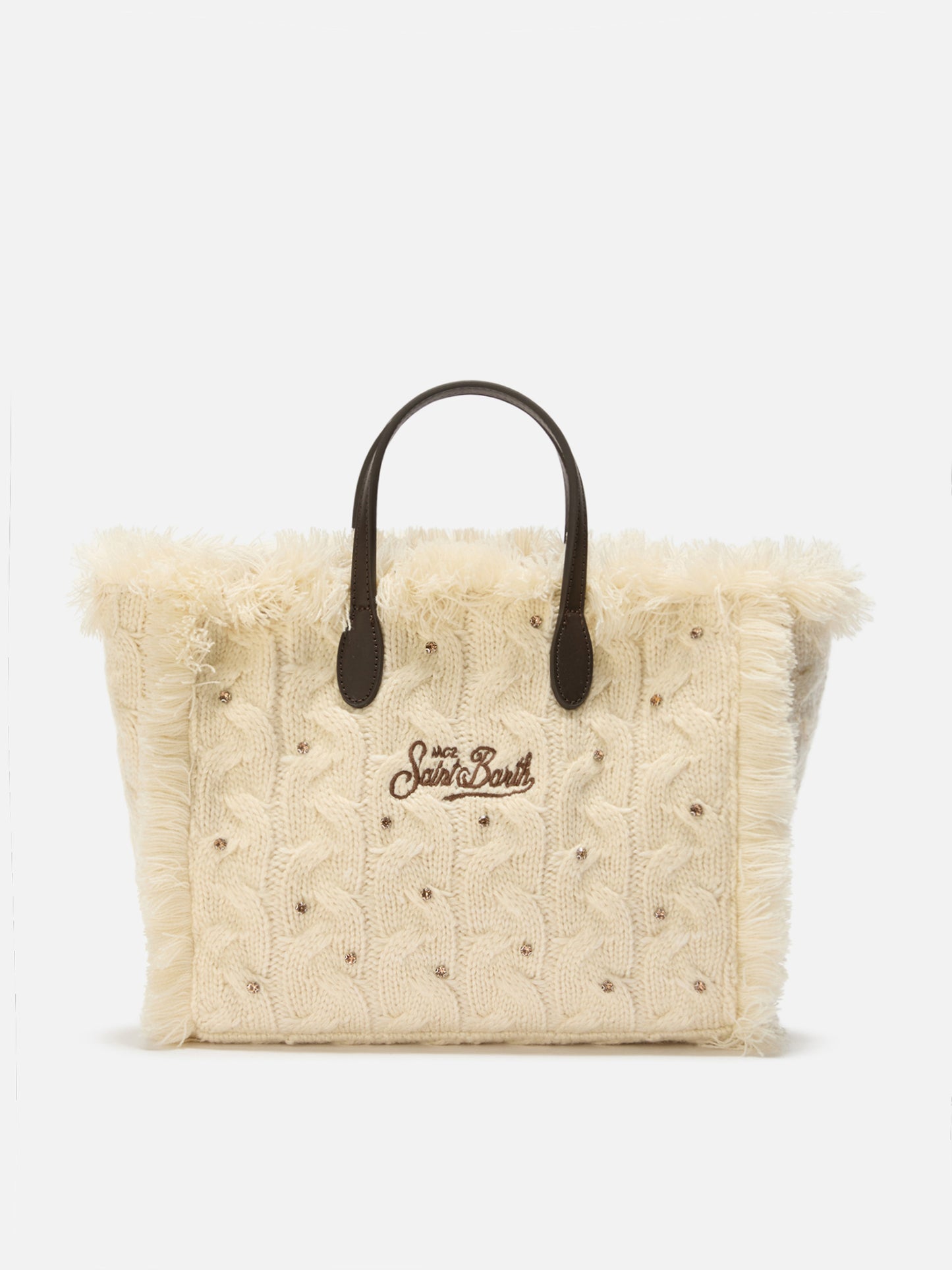 Colette Wollflechthandtasche aus weißem, geflochtenem Wollmischgewebe mit Strasssteinen