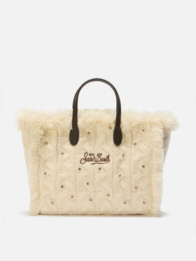 Colette Wollflechthandtasche aus weißem, geflochtenem Wollmischgewebe mit Strasssteinen