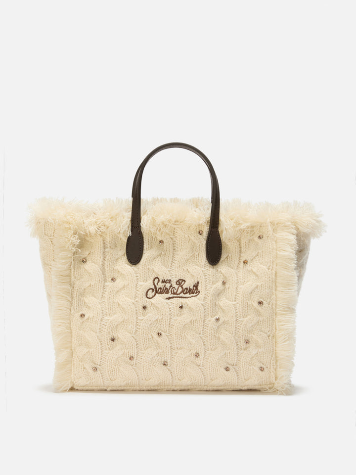 Colette Wollflechthandtasche aus weißem, geflochtenem Wollmischgewebe mit Strasssteinen