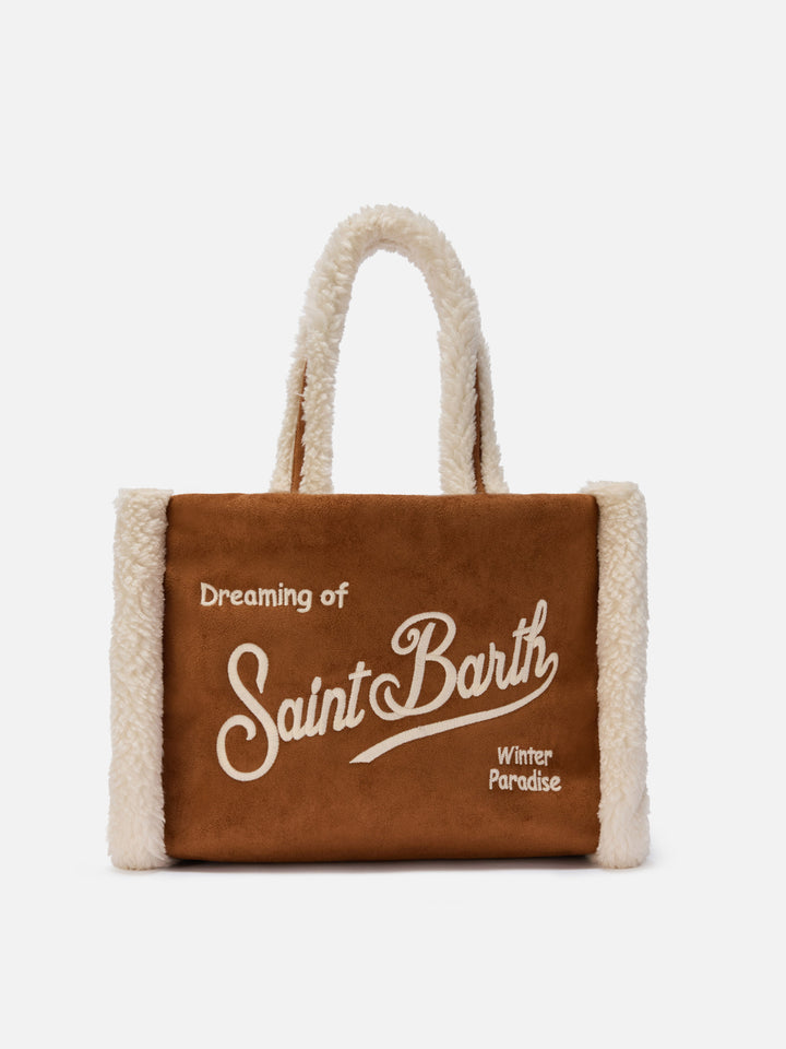 Colette Shearling Handtasche aus kamelfarbenem Wildlederimitat mit Shearling-Details