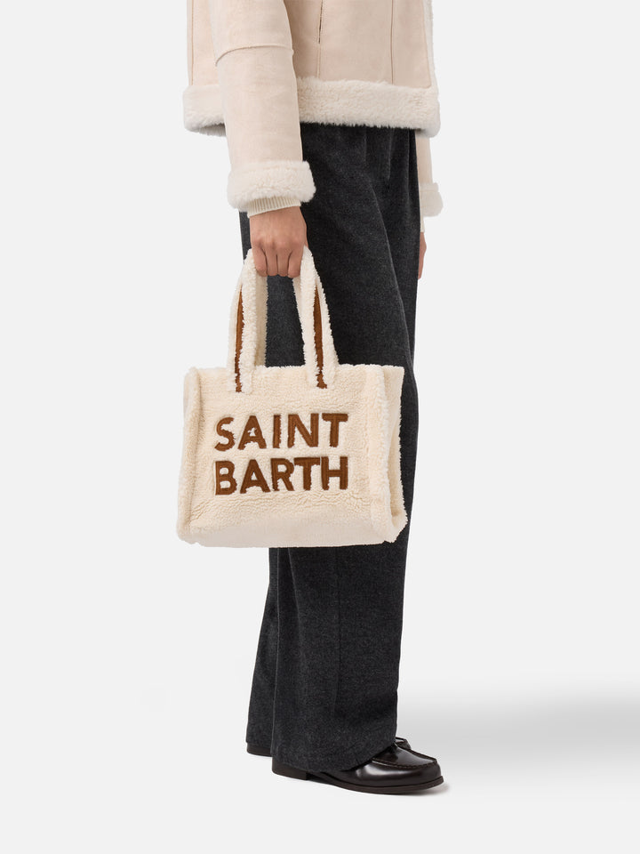 Colette Teddy Handtasche aus weißem Sherpa-Fleece mit Maxi-Logo
