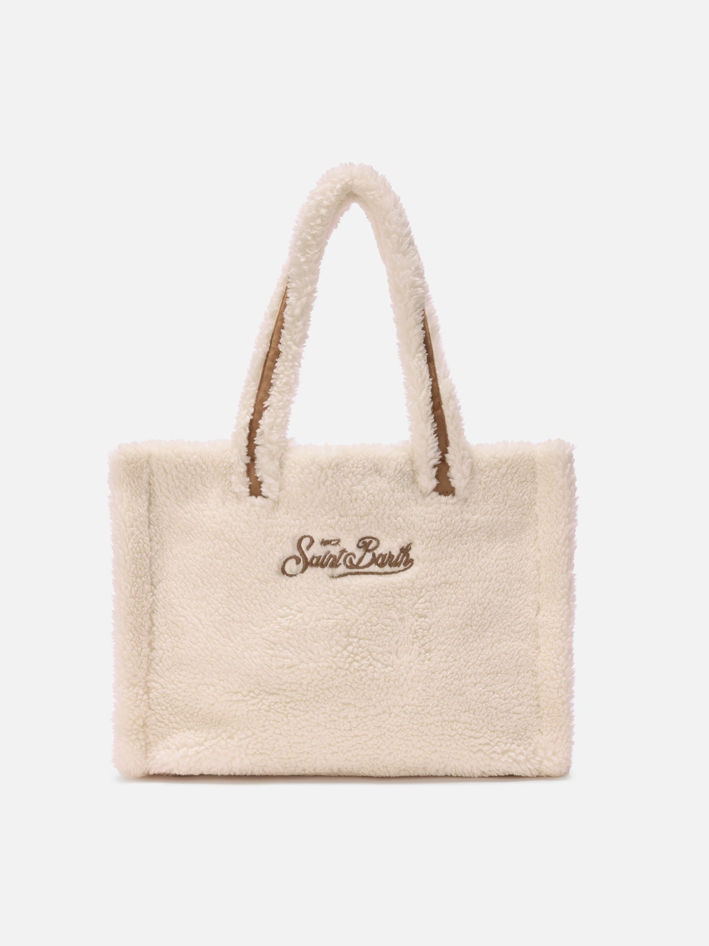 Colette Teddy Handtasche aus weißem Sherpa-Fleece mit Maxi-Logo