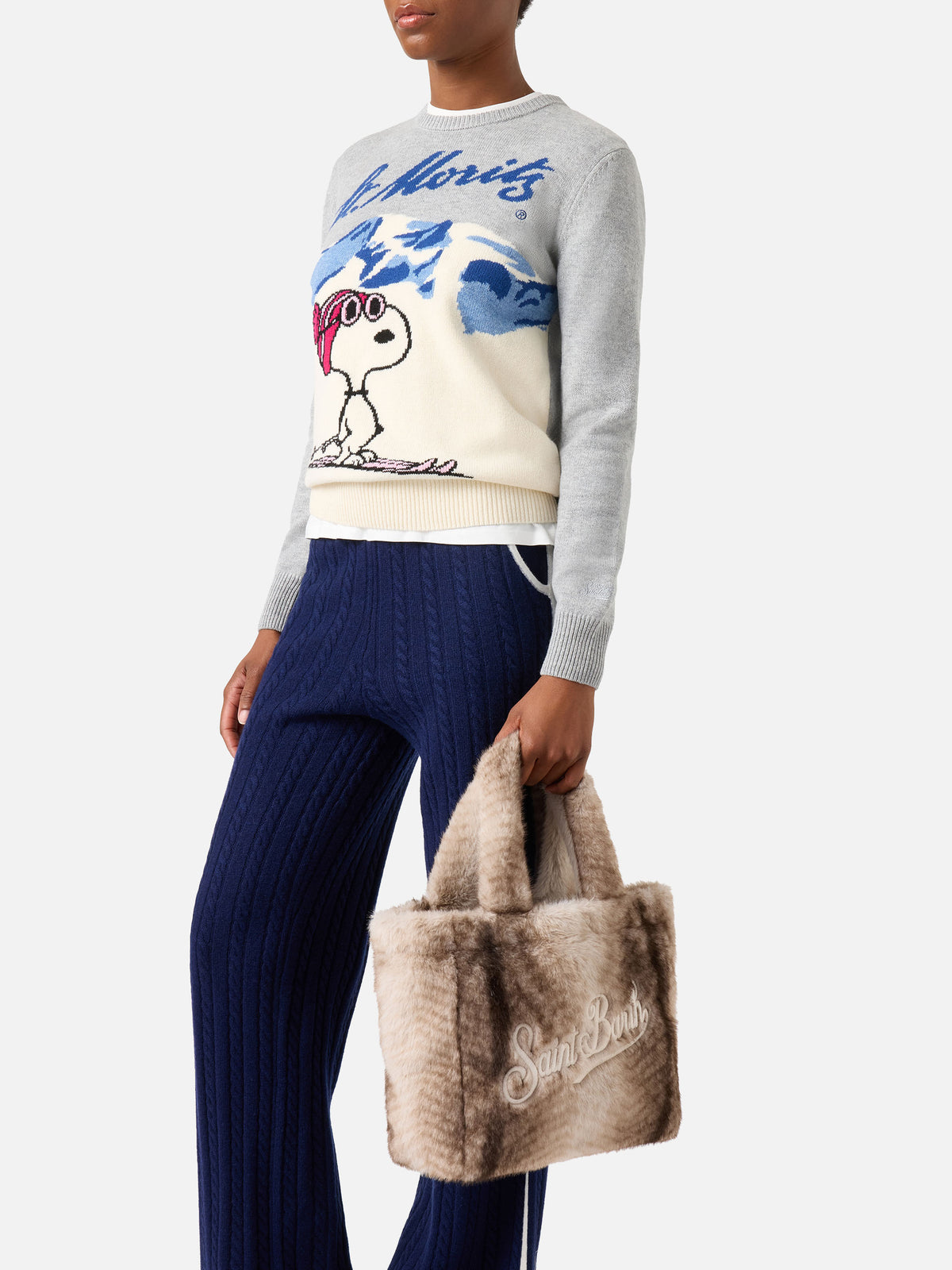 Bolso de mano de pelo sintético gris Colette con bordado del logo 
