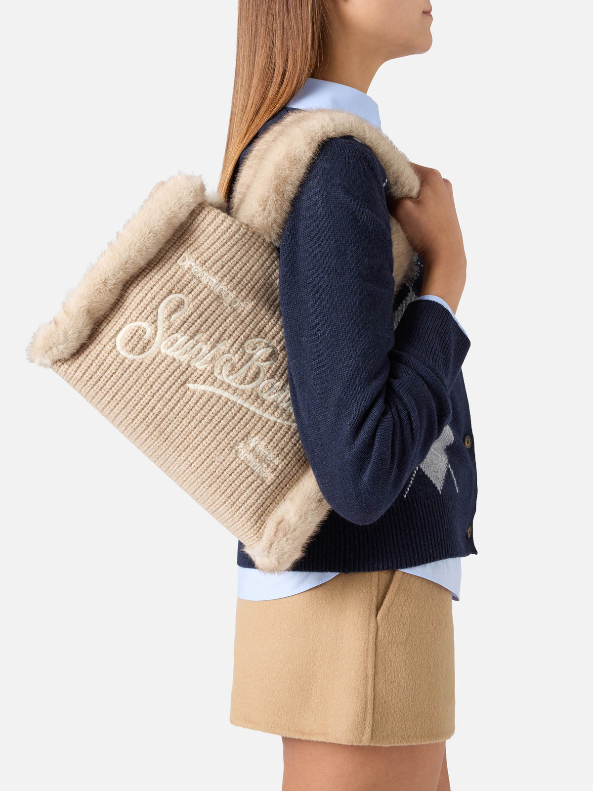 Beige gerippte Handtasche aus Faux-Shearling mit Logo-Stickerei Colette 