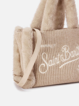 Beige gerippte Handtasche aus Faux-Shearling mit Logo-Stickerei Colette 