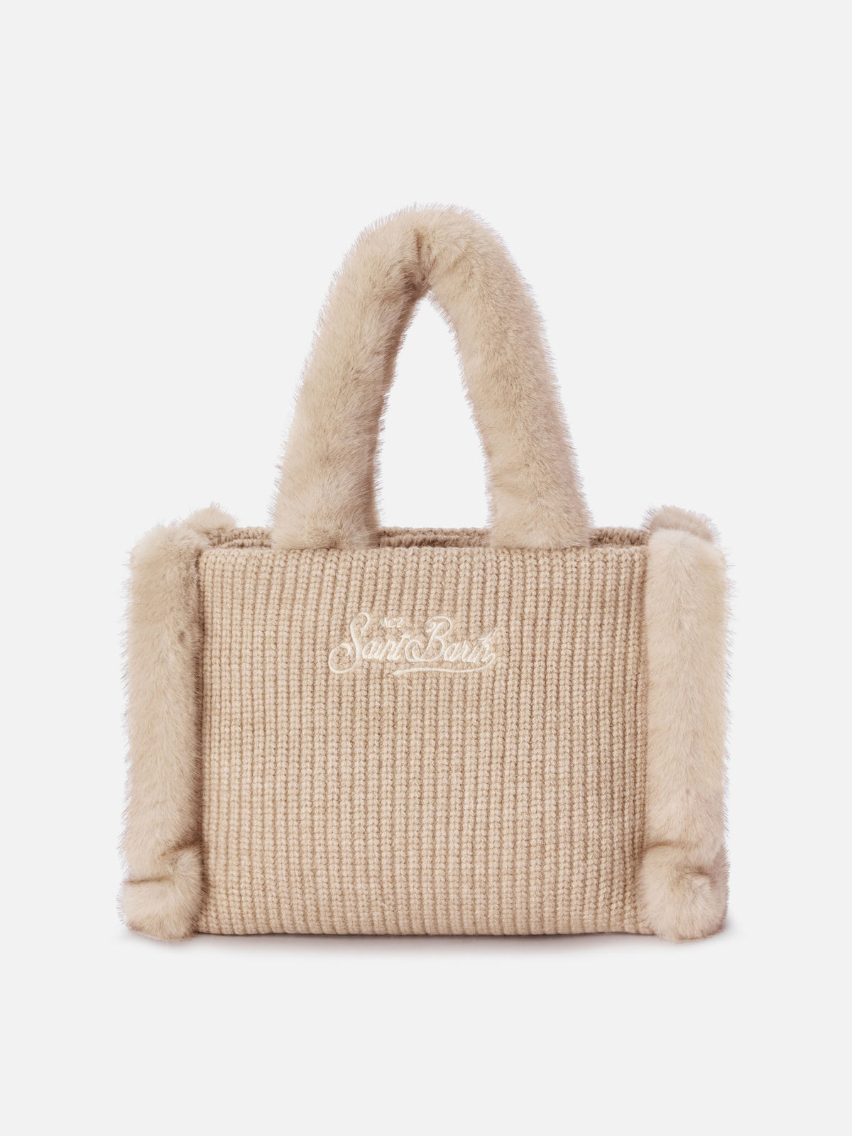 Beige gerippte Handtasche aus Faux-Shearling mit Logo-Stickerei Colette 