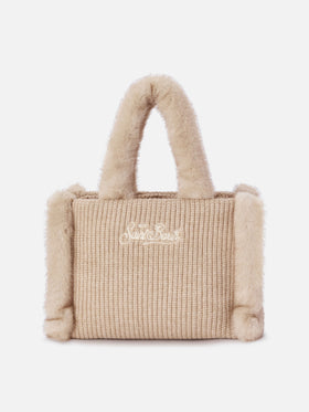Beige gerippte Handtasche aus Faux-Shearling mit Logo-Stickerei Colette 