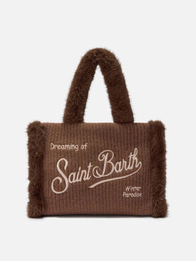 Colette Shearling Rib Handtasche aus geripptem braunem Wollmischgewebe und Shearling