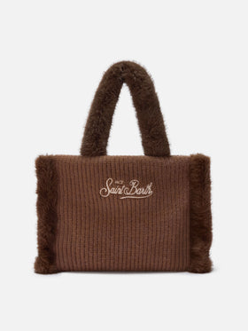 Colette Shearling Rib Handtasche aus geripptem braunem Wollmischgewebe und Shearling