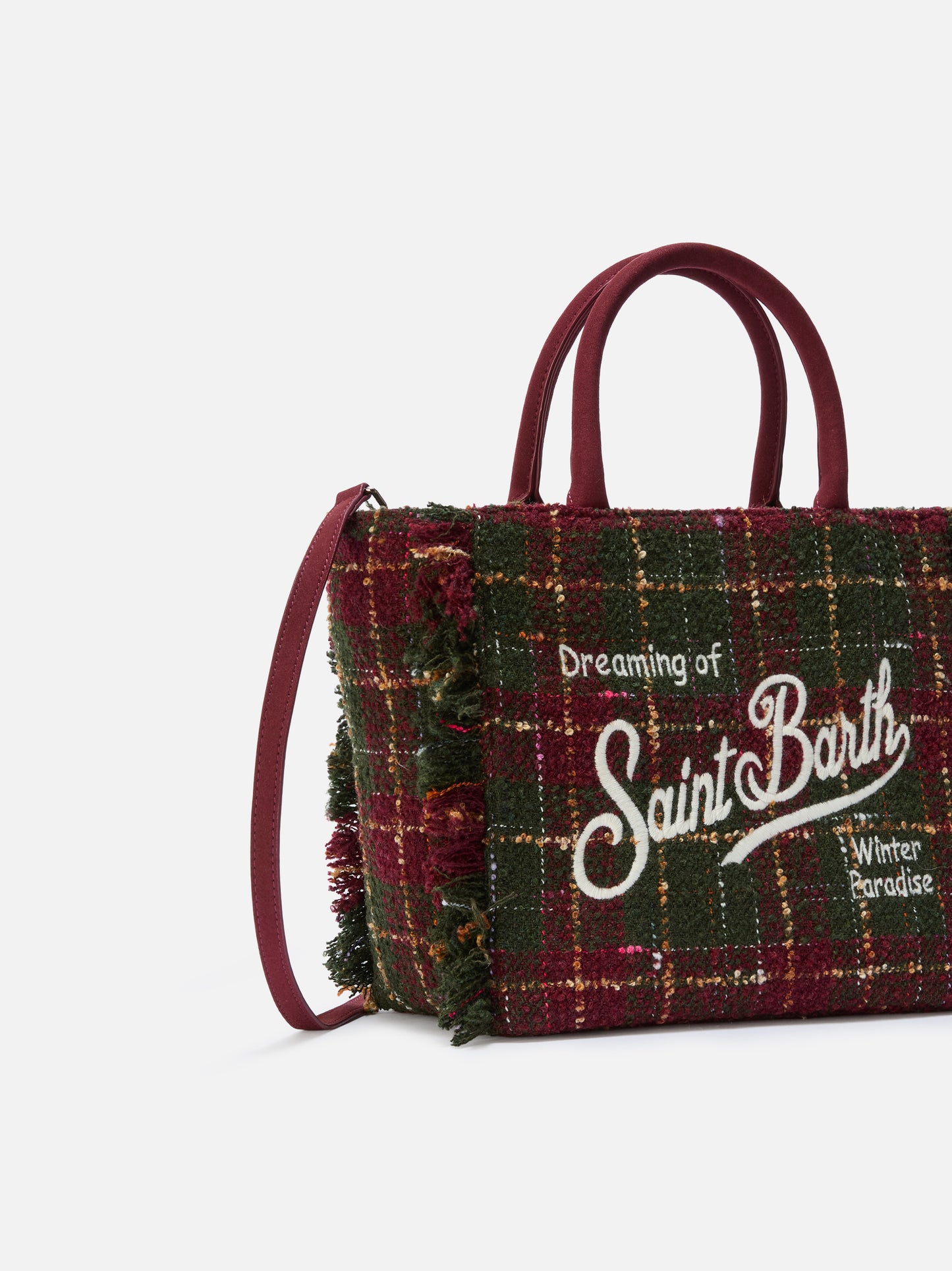Colette Tweed-Handtasche aus bordeauxfarbenem Wollmischgewebe mit Karomuster.