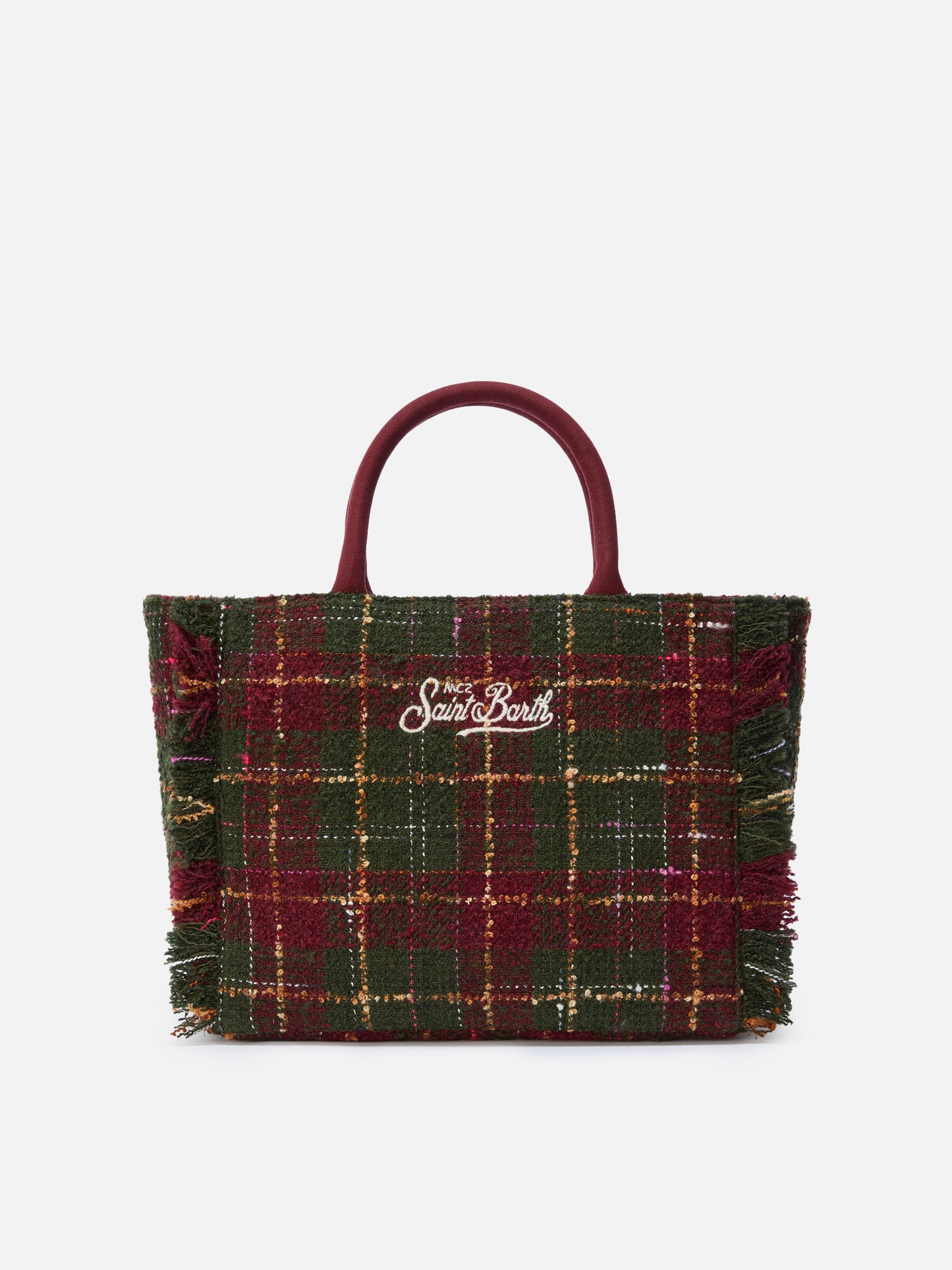 Colette Tweed-Handtasche aus bordeauxfarbenem Wollmischgewebe mit Karomuster.