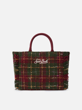 Colette Tweed-Handtasche aus bordeauxfarbenem Wollmischgewebe mit Karomuster.