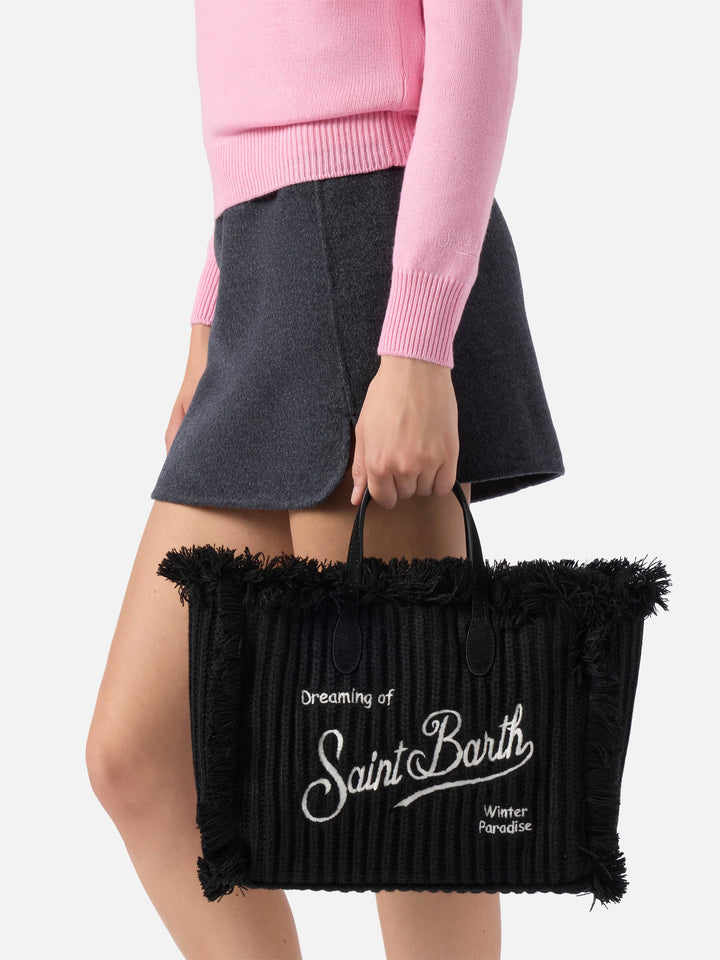 Colette Handtasche aus gerippter Wolle in Schwarz mit geflochtenem Wolleffekt