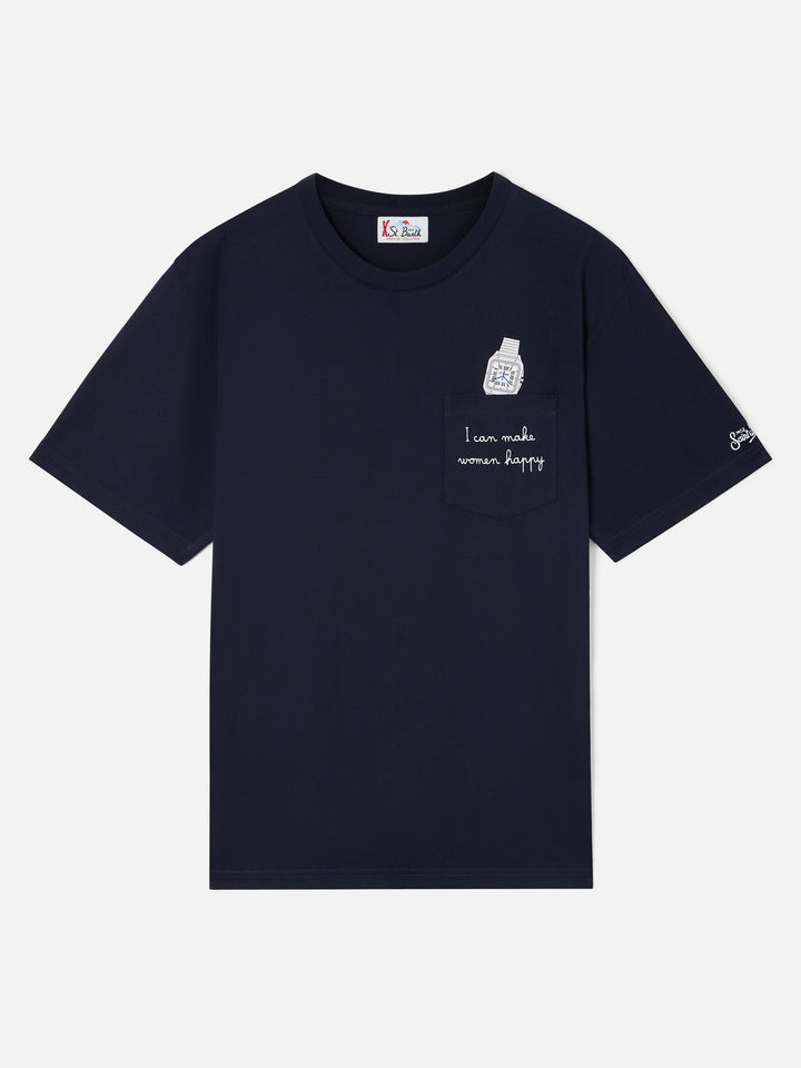 Marineblaues T-Shirt aus blue Connor Baumwolle mit Uhrenprint und Stickerei 