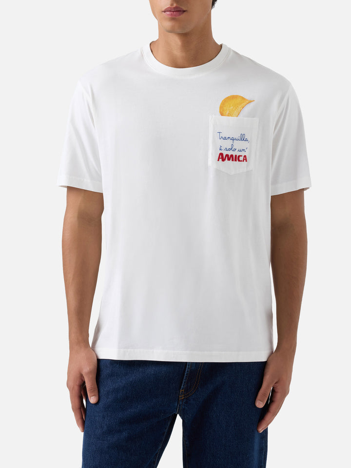 White Connor organic cotton t-shirt with Amica Chips print and embroidery | Special edition