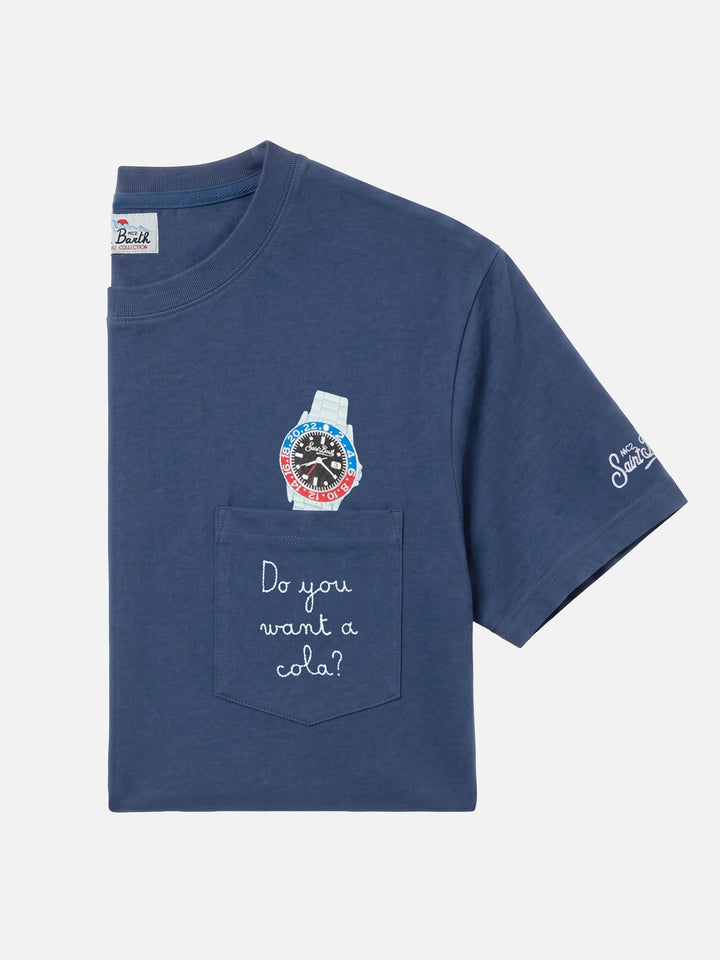 Camiseta de algodón Connor en azul con bordado en el bolsillo Do you want a cola? 