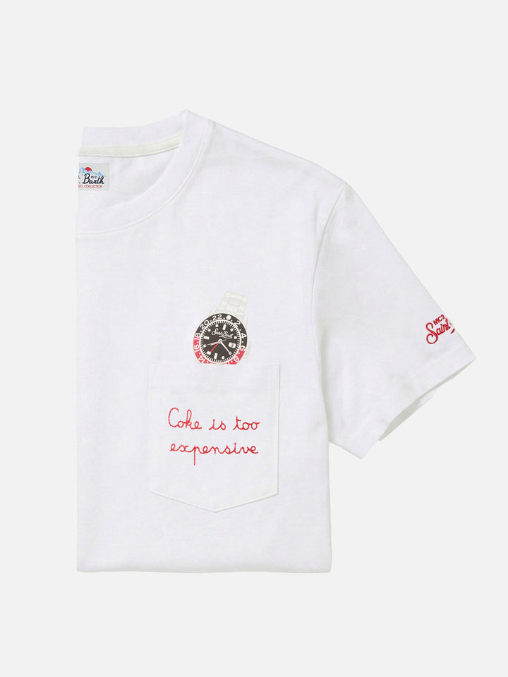 White Connor cotton t-shirt with watch print and Cara Ho Un Expensive embroidery