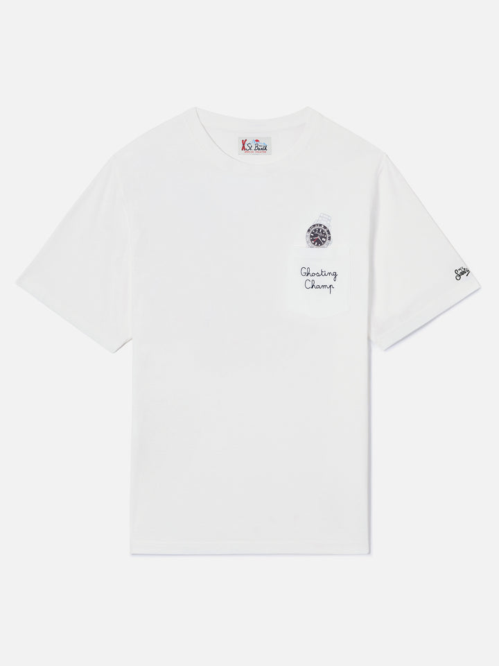 Weißes T-Shirt aus Connor Baumwolle mit Uhren-Print und Ghosting Champ-Stickerei 