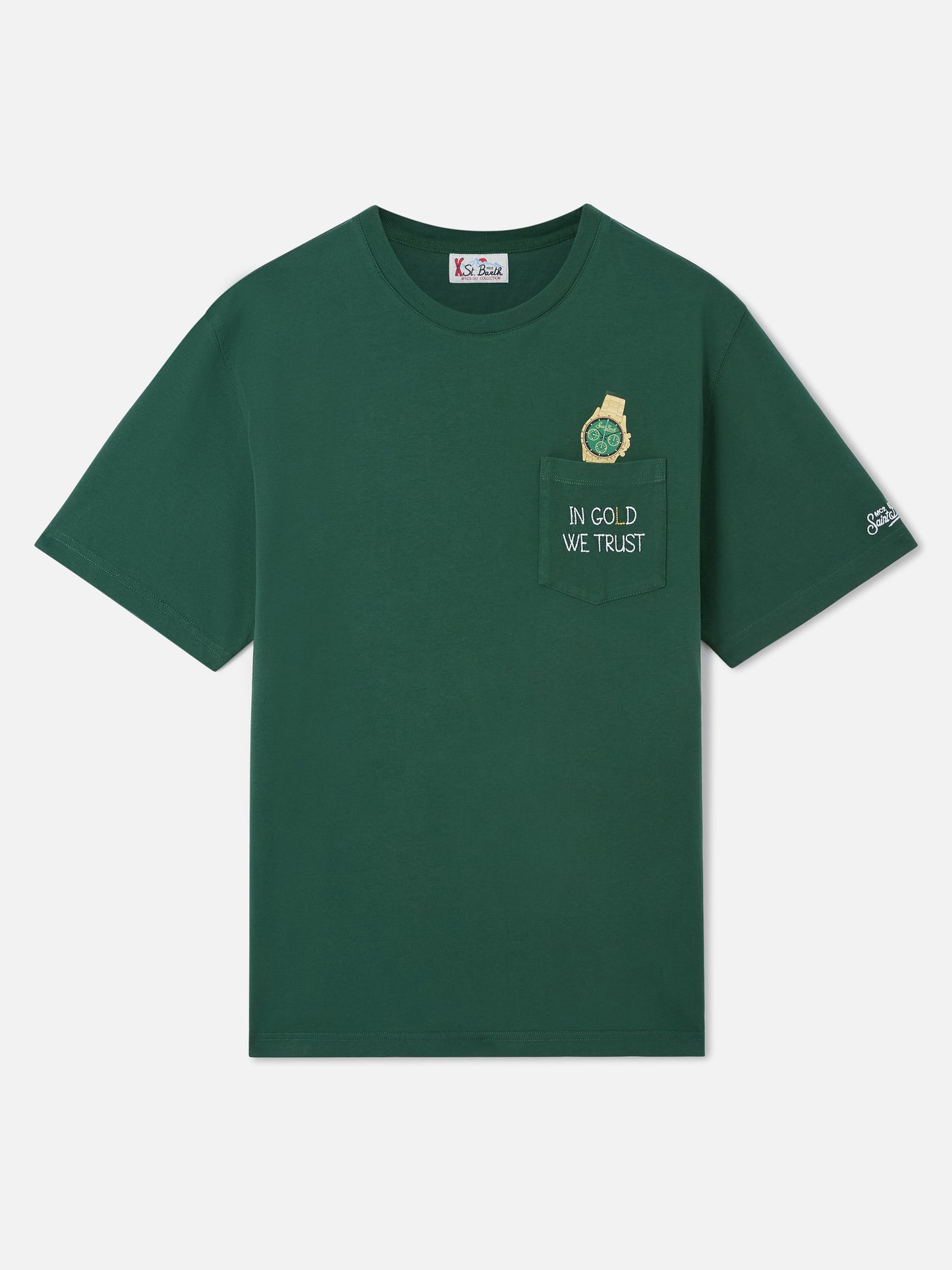 Connor T-Shirt mit Brusttasche in Grün mit „In Gold We Trust“-Stickerei 