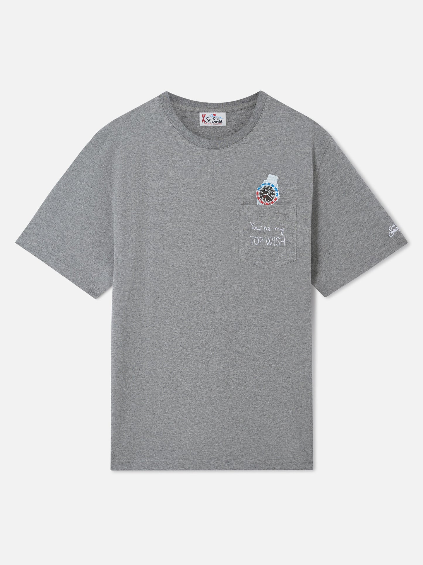 T-shirt girocollo Connor grigia con taschino e ricamo You're my Top Wish