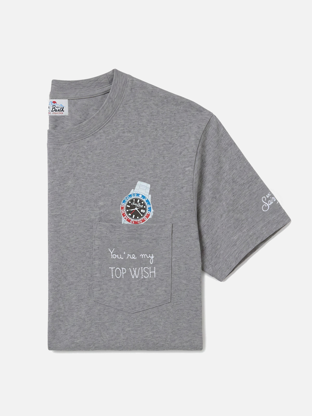 T-shirt Connor grigia in cotone organico con stampa orologio e ricamo Top Wish
