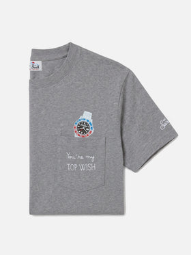 T-shirt Connor grigia in cotone organico con stampa orologio e ricamo Top Wish