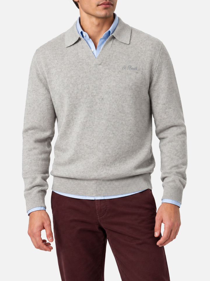 Polo in maglia Covent grigio chiaro melange a maniche lunghe