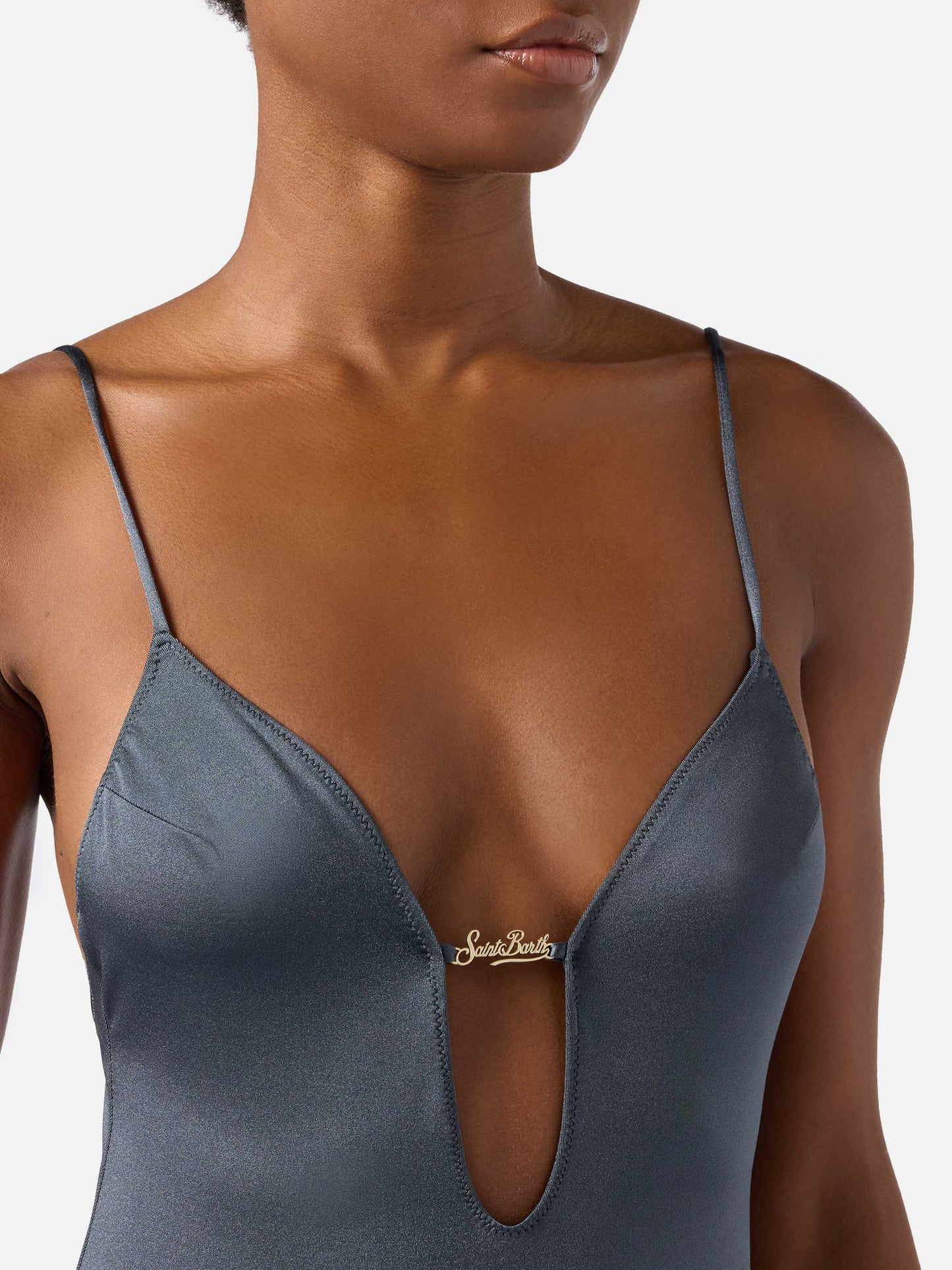 Crunchy Plate one-piece swimsuit glossy finish with logo plaque