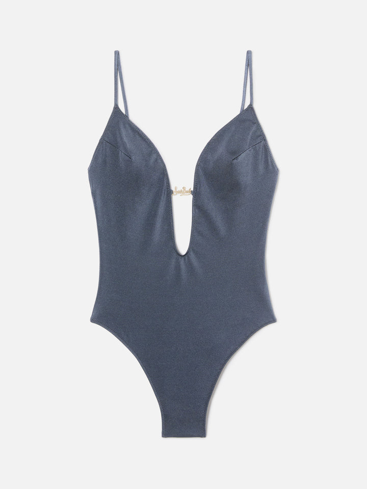 Crunchy Plate one-piece swimsuit glossy finish with logo plaque