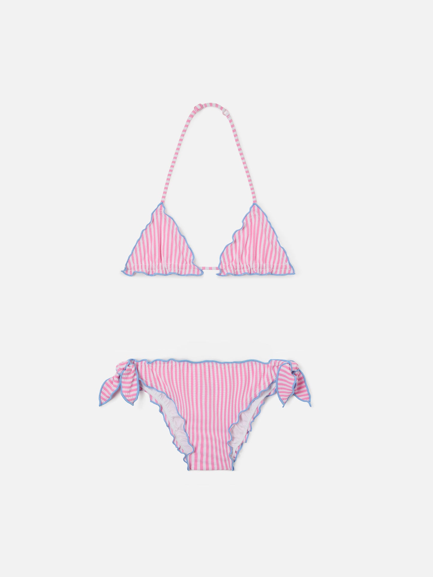 Bikini Cris de seersucker a rayas blancas y rosas con bordes de volantes 