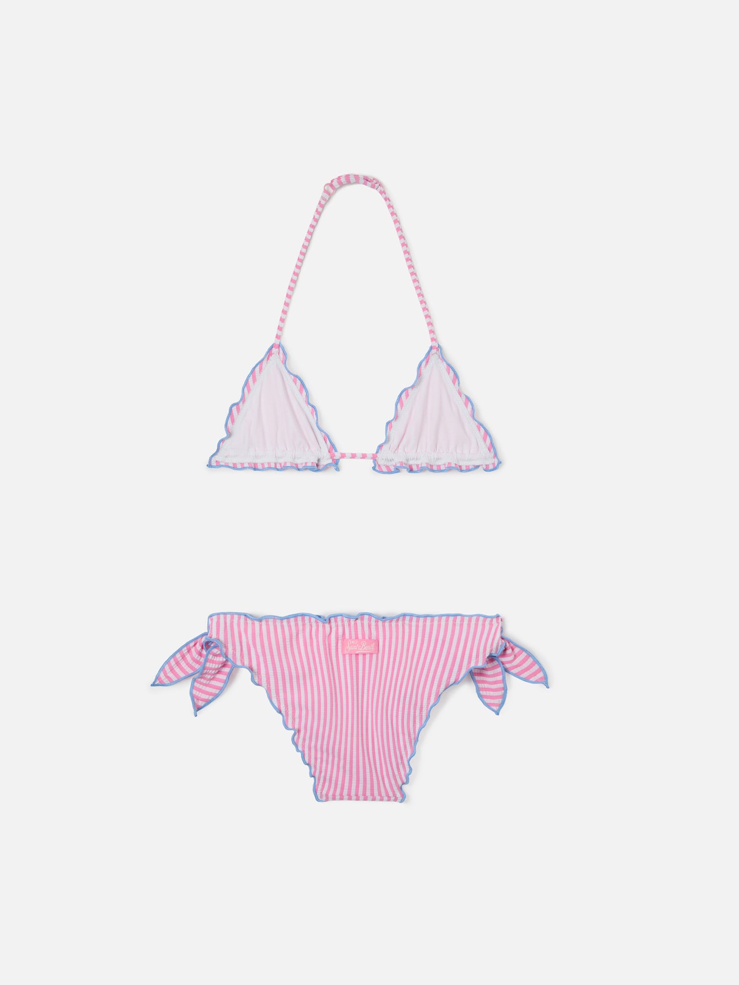 Bikini Cris de seersucker a rayas blancas y rosas con bordes de volantes 