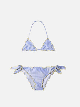 Cris light blue and yellow seersucker striped bikini with ruffled edges