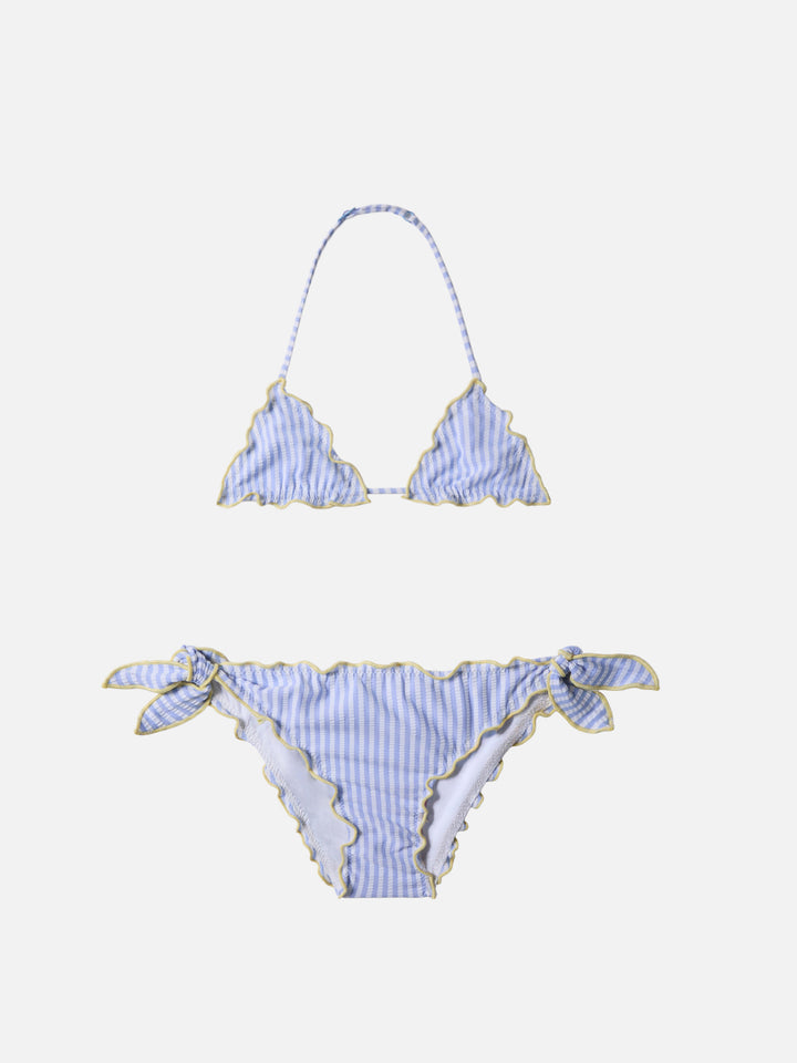 Cris light blue and yellow seersucker striped bikini with ruffled edges