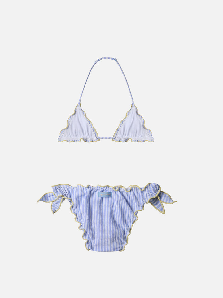 Cris light blue and yellow seersucker striped bikini with ruffled edges