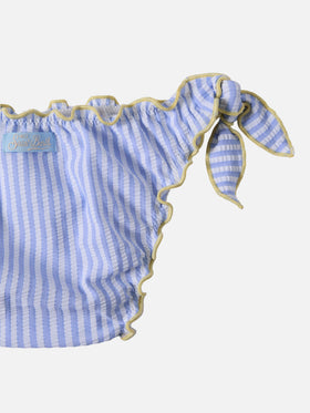 Cris light blue and yellow seersucker striped bikini with ruffled edges