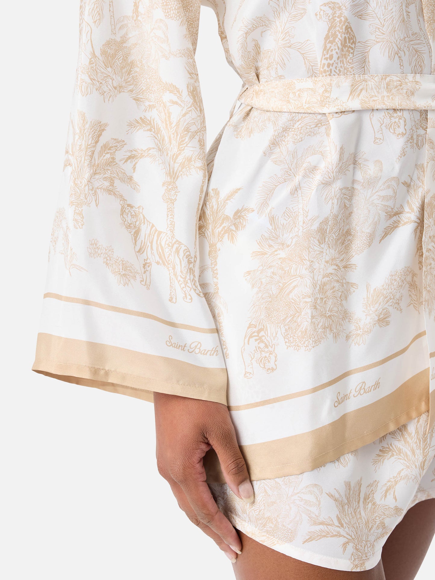 Kimono court Carly en soie avec imprimé toile de Jouy 