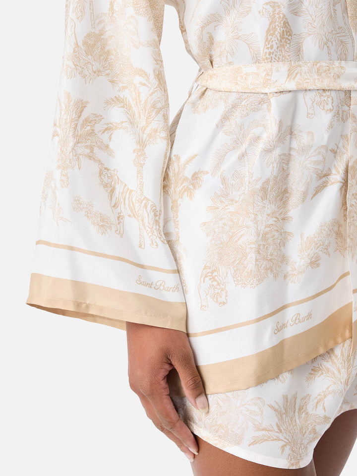 Kimono court Carly en soie avec imprimé toile de Jouy 