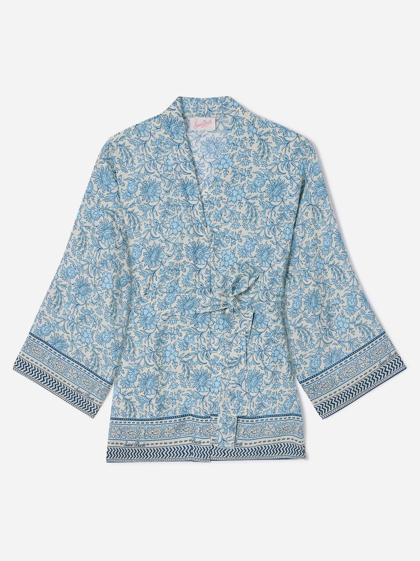 Short Carly kimono in silk with floral batik print