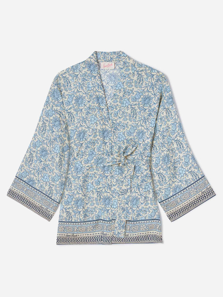 Kimono court Carly en soie avec imprimé batik floral 