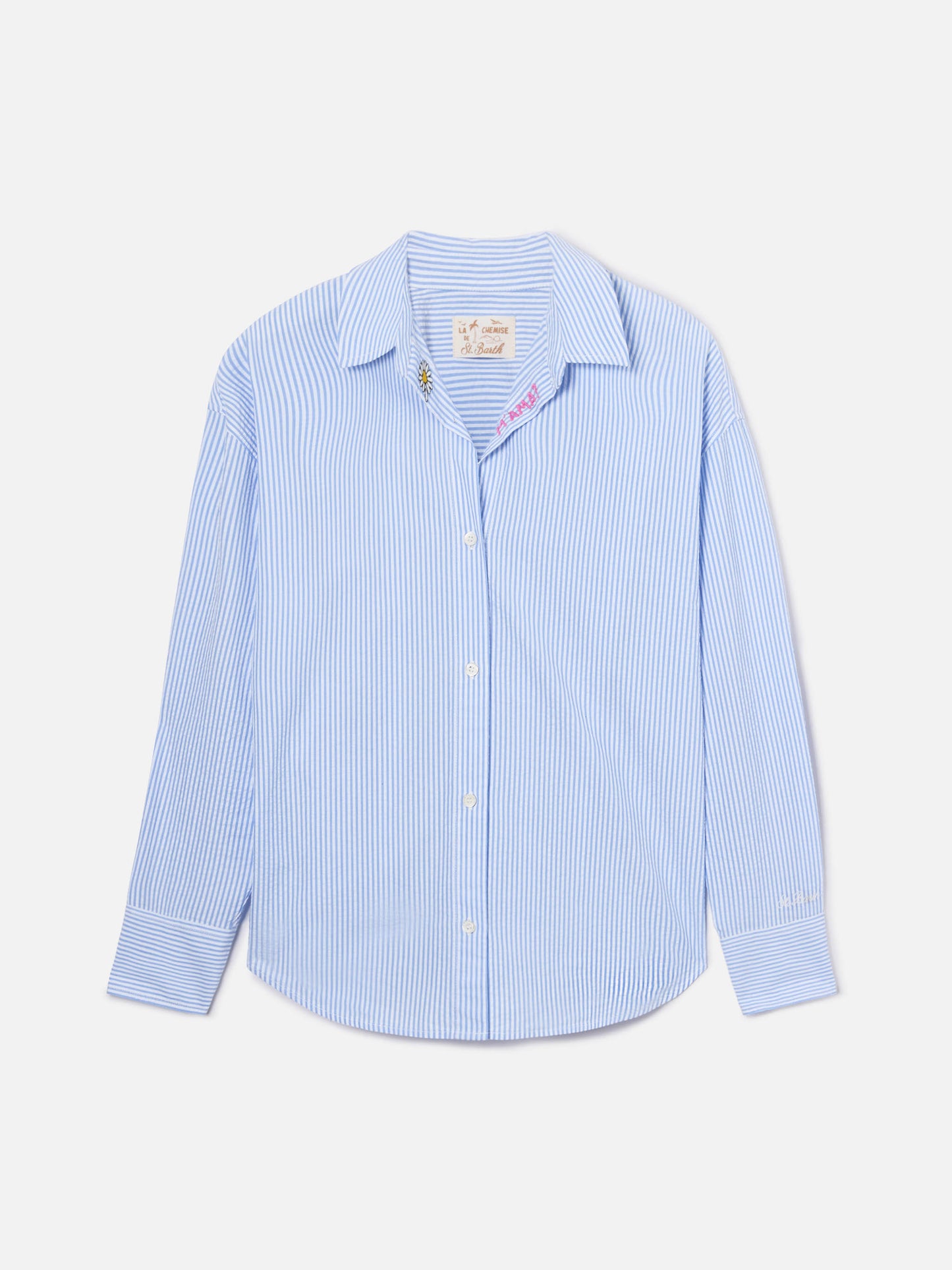 Chemise Cristal en seersucker rayé bleu clair avec broderie 