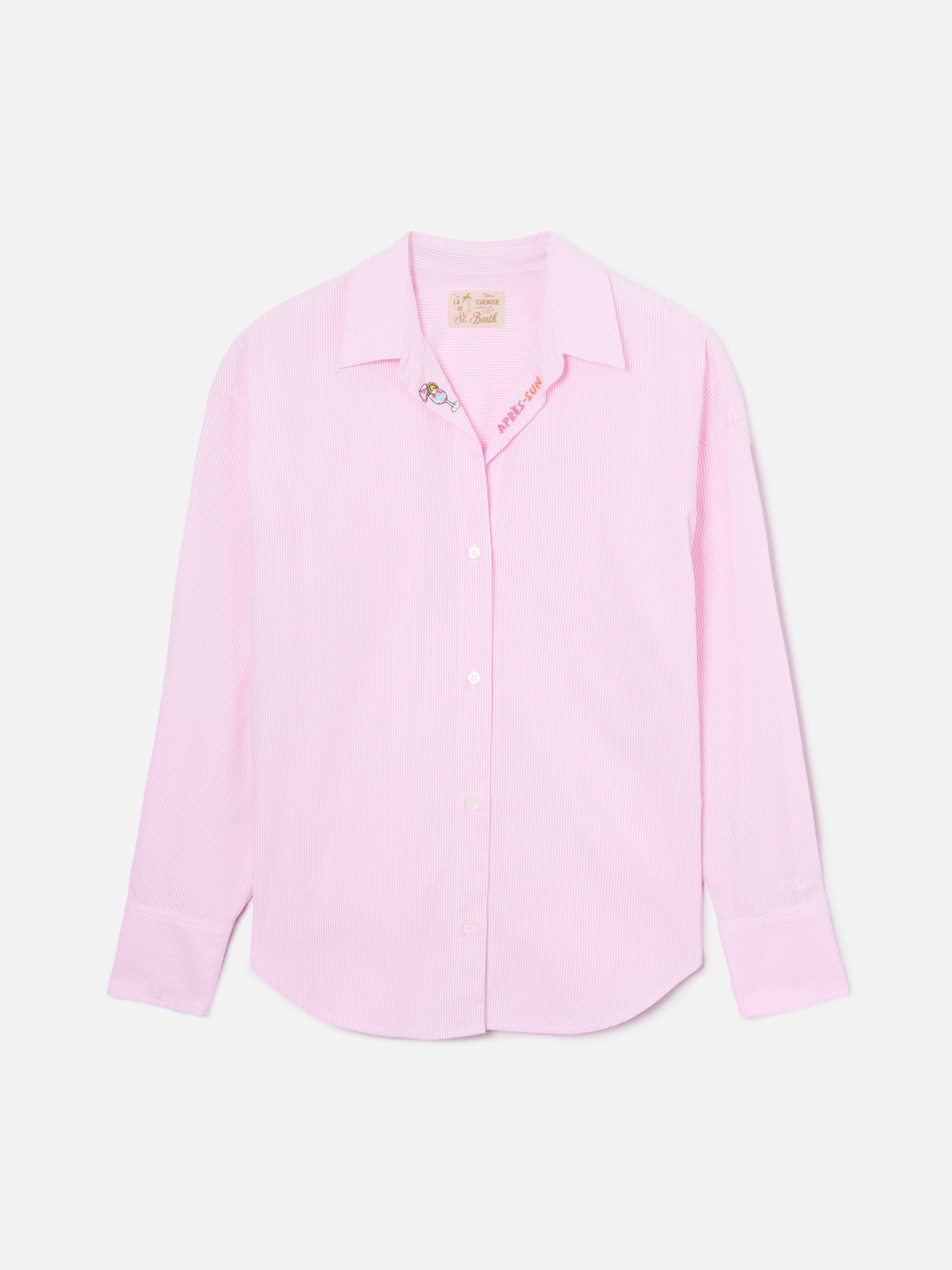Camisa Cristal de popelina de algodón a rayas rosas con bordado 