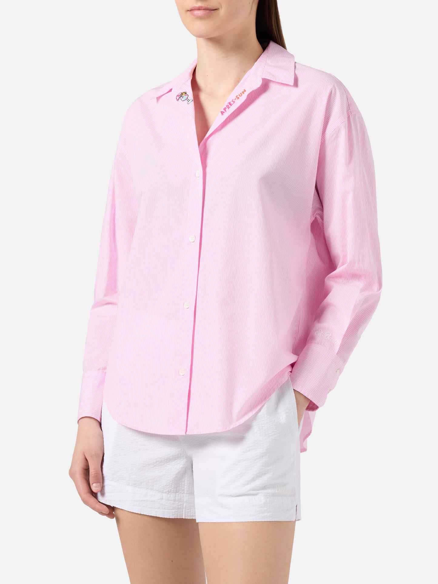 Camisa Cristal de popelina de algodón a rayas rosas con bordado 
