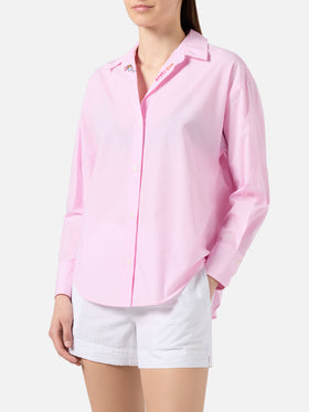 Camisa Cristal de popelina de algodón a rayas rosas con bordado 