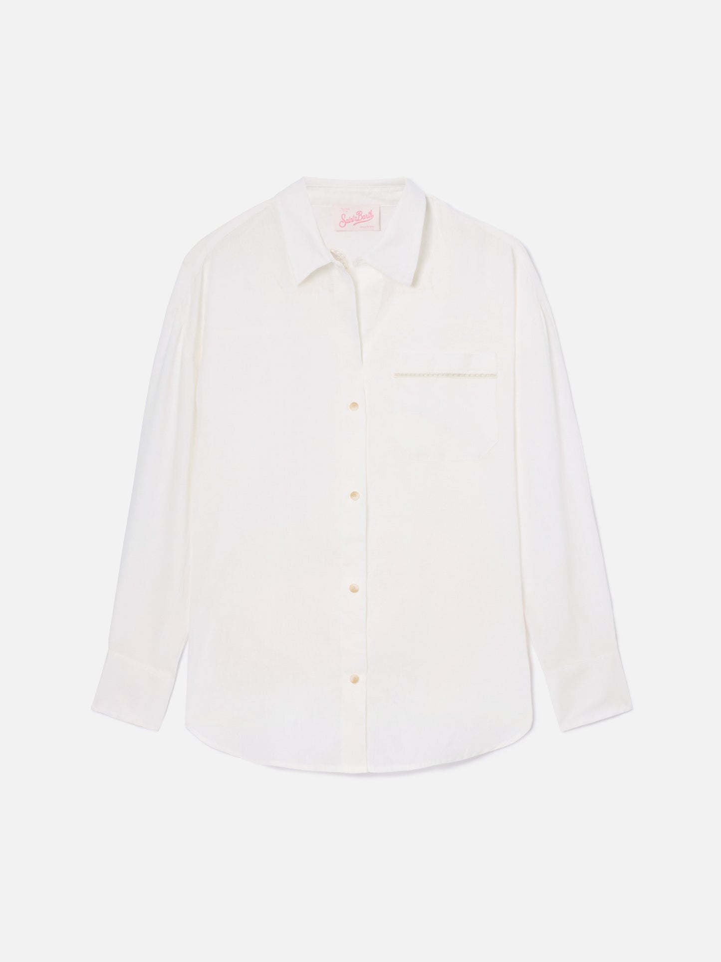 White linen Cristal shirt with perforated Saint Barth embroidery