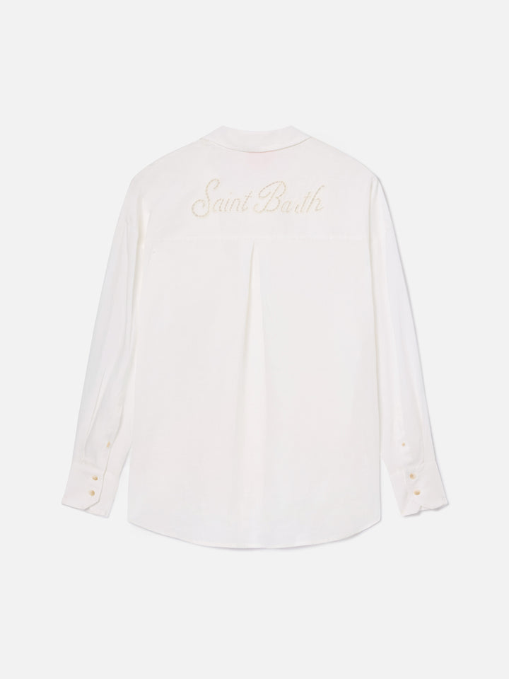 Camisa Cristal de lino blanco con bordado Saint Barth perforado 