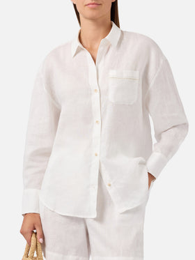 Chemise Cristal en lin blanc avec broderie Saint Barth perforée 