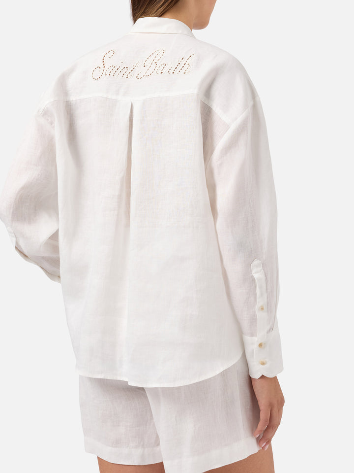 Chemise Cristal en lin blanc avec broderie Saint Barth perforée 