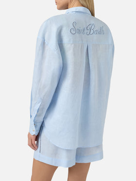 Chemise Cristal en lin bleu clair avec broderie Saint Barth ajourée 